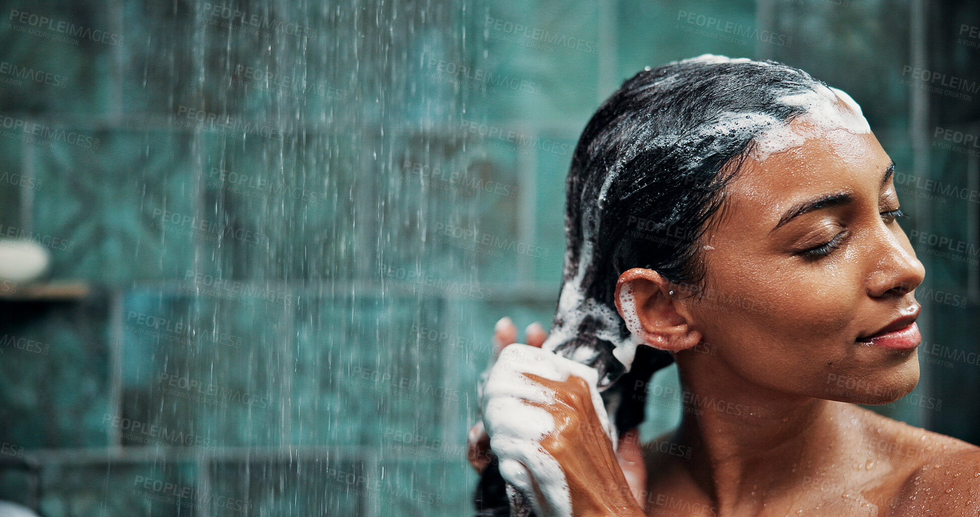 Buy stock photo Shampoo, water and woman with haircare in shower for dandruff removal, hygiene and scalp cleansing. Space, wet person and washing hair in home for repair treatment, grooming routine and cleanliness