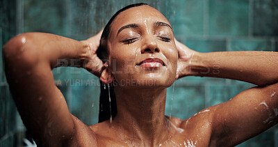 Buy stock photo Bathroom, hygiene and woman with washing in shower for haircare, skin health and cleanliness. Self care, wet person and cleaning face in house for bodycare, grooming routine and skincare wellness