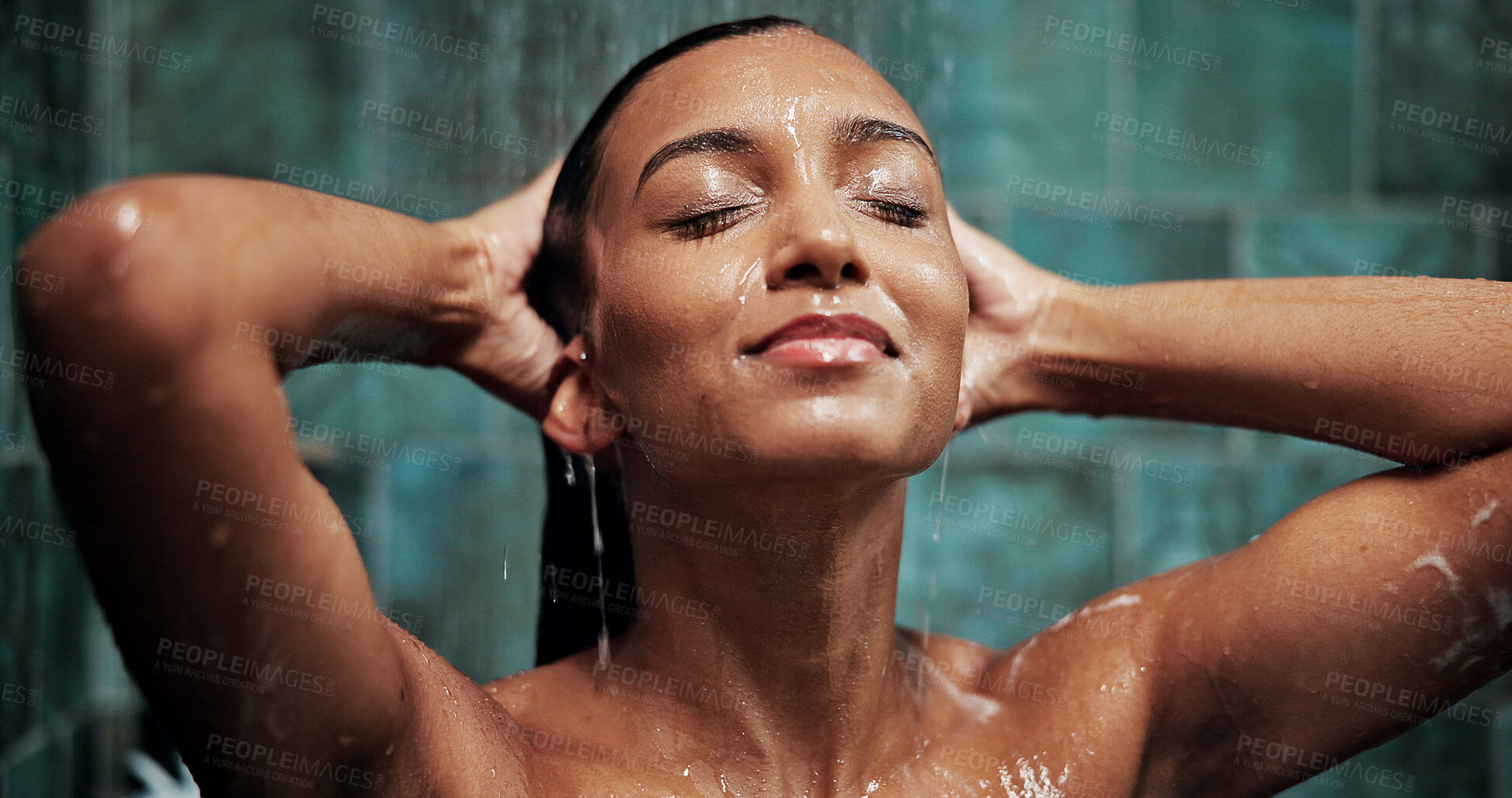 Buy stock photo Bathroom, hygiene and woman with washing in shower for haircare, skin health and cleanliness. Self care, wet person and cleaning face in house for bodycare, grooming routine and skincare wellness