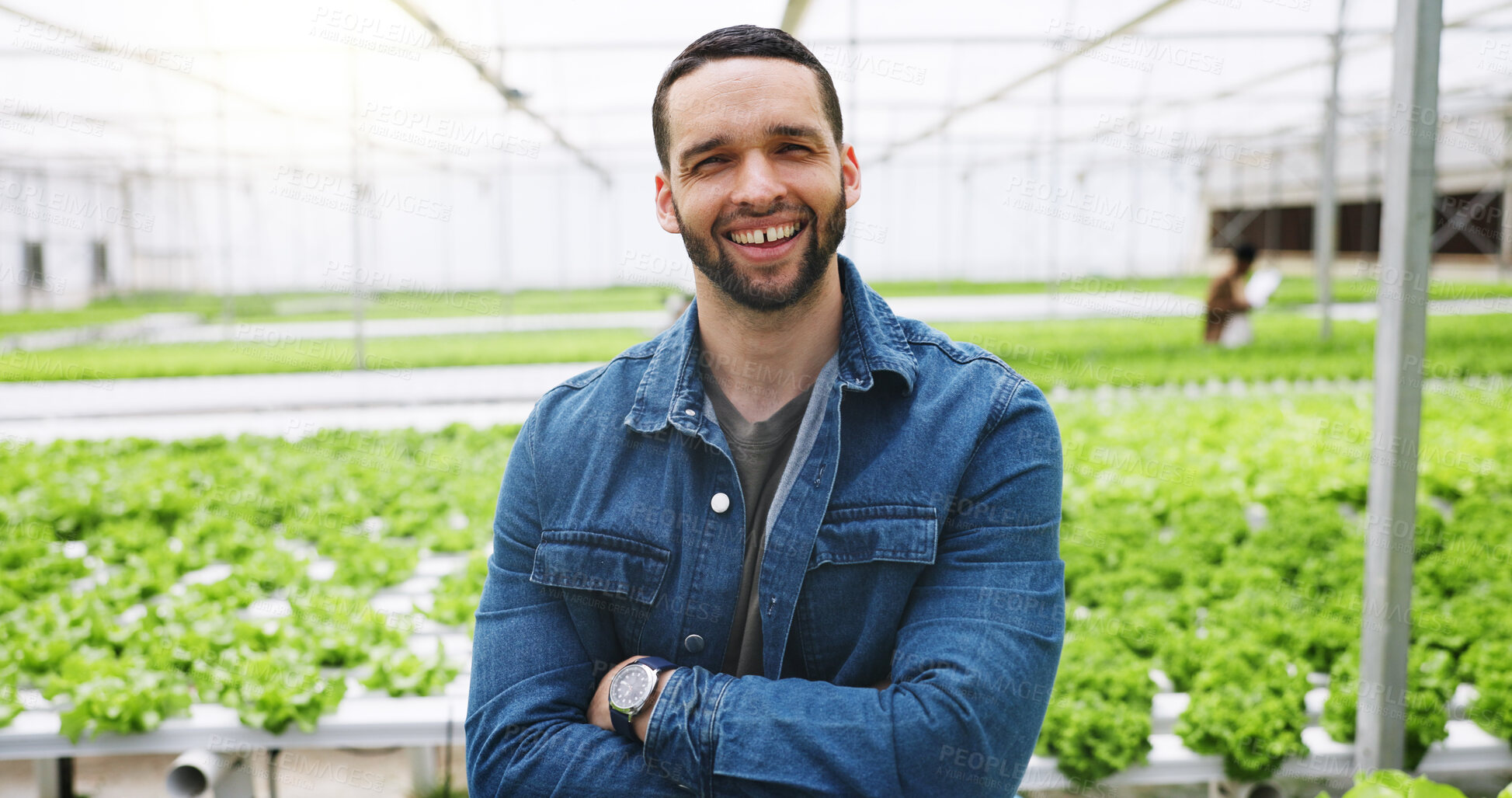 Buy stock photo Happy man, portrait or greenhouse with plants for agriculture, natural growth or harvest production. Male person, farmer or farmland with arms crossed, food or crops for resources or agro business