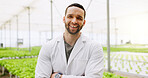 Man, arms crossed and scientist in greenhouse for smile, portrait or vegetables for growth. Person, agriculture and sustainability with confidence, pride and agro for gmo leafy greens in Costa Rica