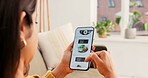Hands, phone and woman with food menu on sofa for online order, ecommerce and takeaway delivery. Screen, hungry person and scroll on mobile app for meal choice, decision or restaurant takeout in home