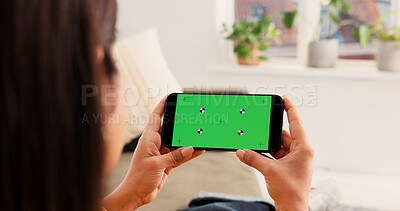 Buy stock photo Back, green screen or woman on sofa for phone, streaming or entertainment app in ux design. Digital, video binge or female person in house with tech, chroma key or mockup on smartphone display.