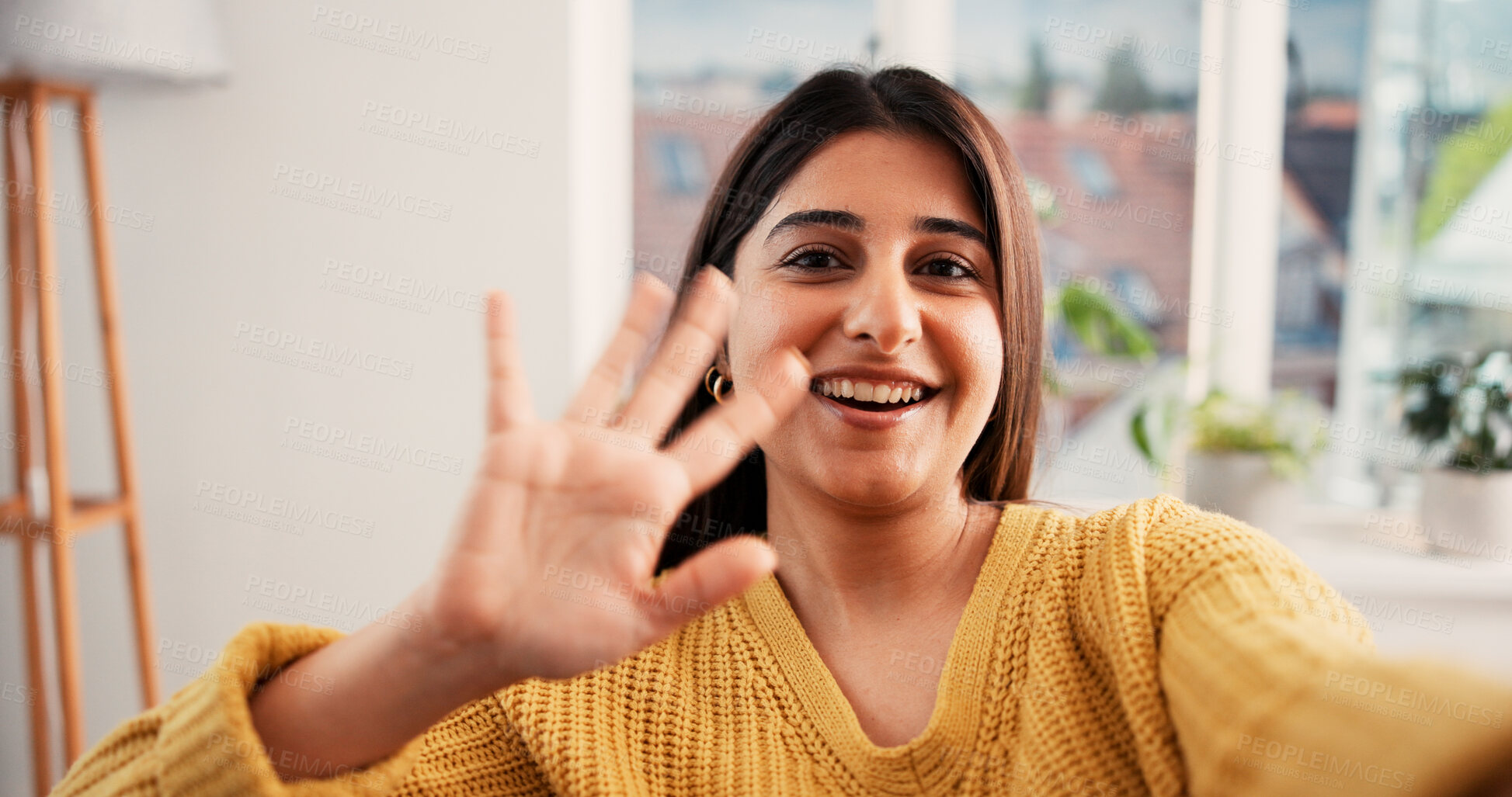 Buy stock photo Portrait, video call and woman with happy, wave and greeting with communication POV in lounge. Live streaming, house and person with internet, hello and digital app for online chatting and talking