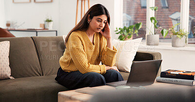 Buy stock photo Stress, headache or Indian woman in house with laptop, frustration or project mistake in remote work. Migraine, WFH or freelancer on sofa with tech, poor report review or burnout in task management.