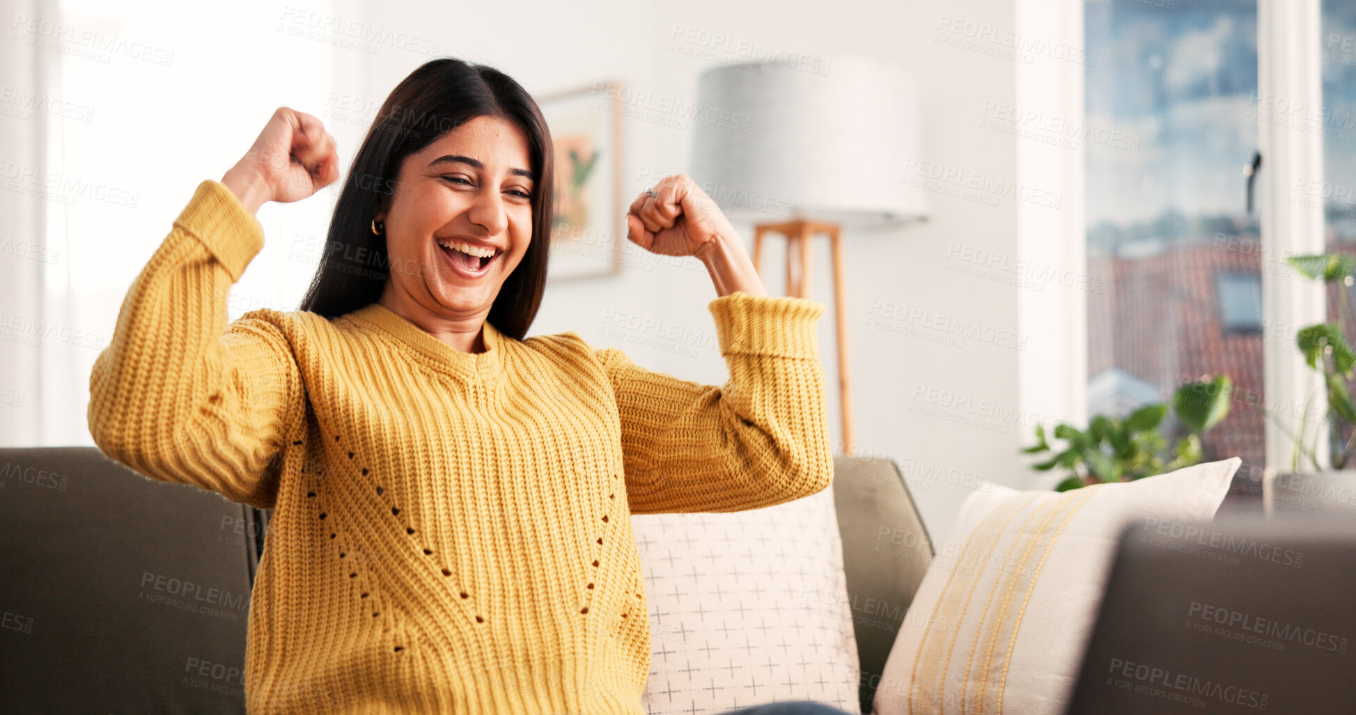 Buy stock photo Happy woman, celebration or success in house with laptop for job opportunity, good news or feedback. Female person, cheering or excited in home with computer, employment offer and career development.