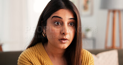 Buy stock photo Home, thinking and woman in lounge, surprise and reaction with contemplation, wonder and thoughtful. Apartment, shocked and person with ponder, decision and announcement emotion, choice and wow