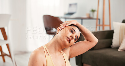 Buy stock photo Woman, stretching neck and pilates in living room with warm up, wellness and self care or balance. Person, yoga and fitness with flexibility, morning routine or zen in home for holistic muscle health