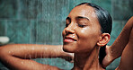 Bathroom, water and woman with washing in shower for haircare, hygiene and happy with cleanliness. Wet, person or cleaning body with smile in home for self care, grooming routine or skincare wellness