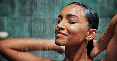 Buy stock photo Bathroom, water and woman with washing in shower for haircare, hygiene and happy with cleanliness. Wet, person or cleaning body with smile in home for self care, grooming routine or skincare wellness
