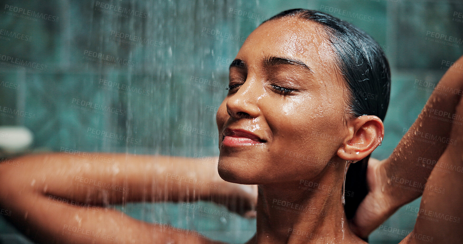 Buy stock photo Bathroom, water and woman with washing in shower for haircare, hygiene and happy with cleanliness. Wet, person or cleaning body with smile in home for self care, grooming routine or skincare wellness