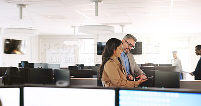 Buy stock photo Review, support or businesspeople in office with tablet, discussion or evaluation of client proposal. Digital, advice or sales team in agency with tech, guidance or planning for feedback report.