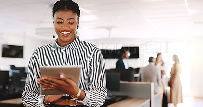 Buy stock photo Media agency, tablet and woman in office, internet and copywriting with online reading. Person, employee and journalist with tech, magazine website and email for submission, connection or publication