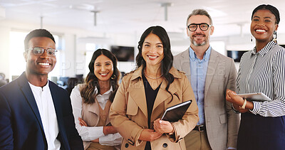 Buy stock photo Portrait, legal team and tech with smile, confidence and management for group of business people in office. Collaboration, about us and lawyer with law firm, employees and agency for advocate support