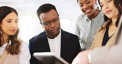 Buy stock photo Advertising agency, people and reading with tablet for brand schedule, marketing or planning campaign release. Project timeline, review rollout or group with promotion launch agenda, tech or teamwork