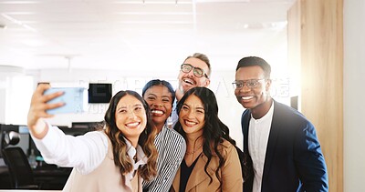 Buy stock photo Selfie, law firm and project in office with smile, confidence and management for group of business people. Profile picture, social media and lawyer with legal team, support and agency for advocate