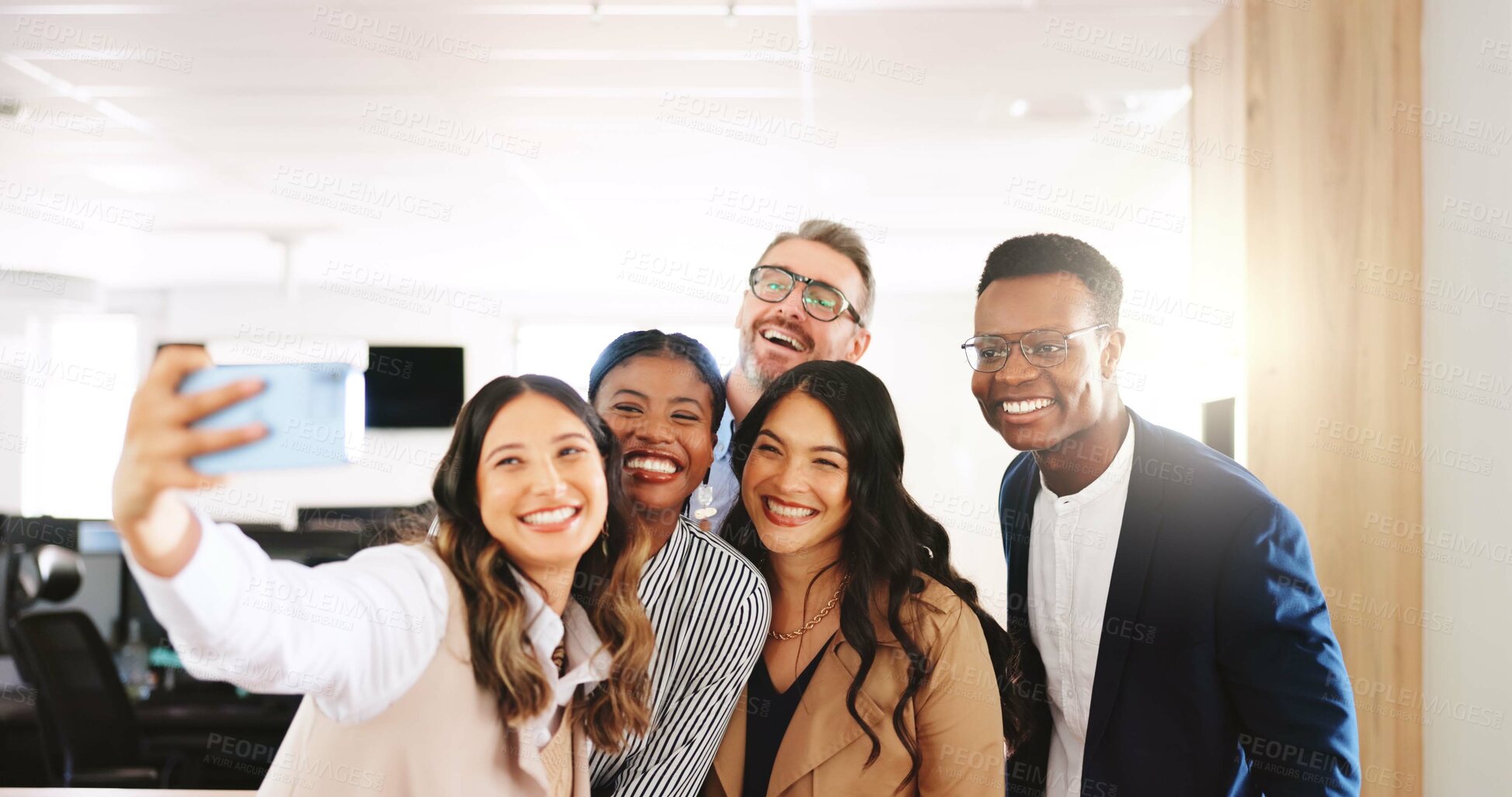 Buy stock photo Selfie, law firm and project in office with smile, confidence and management for group of business people. Profile picture, social media and lawyer with legal team, support and agency for advocate