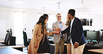 Business, people and hand stack in office for motivation, teamwork and celebration for success. Smile, staff and partnership for agreement, collaboration and solidarity support of company achievement