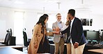 Business, people and hand stack in office for motivation, teamwork and celebration for success. Smile, staff and partnership for agreement, collaboration and solidarity support of company achievement