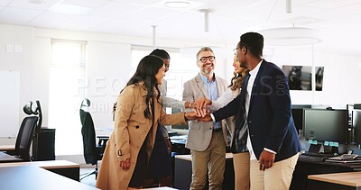Buy stock photo Business, people and hand stack in office for motivation, teamwork and celebration for success. Smile, staff and partnership for agreement, collaboration and solidarity support of company achievement