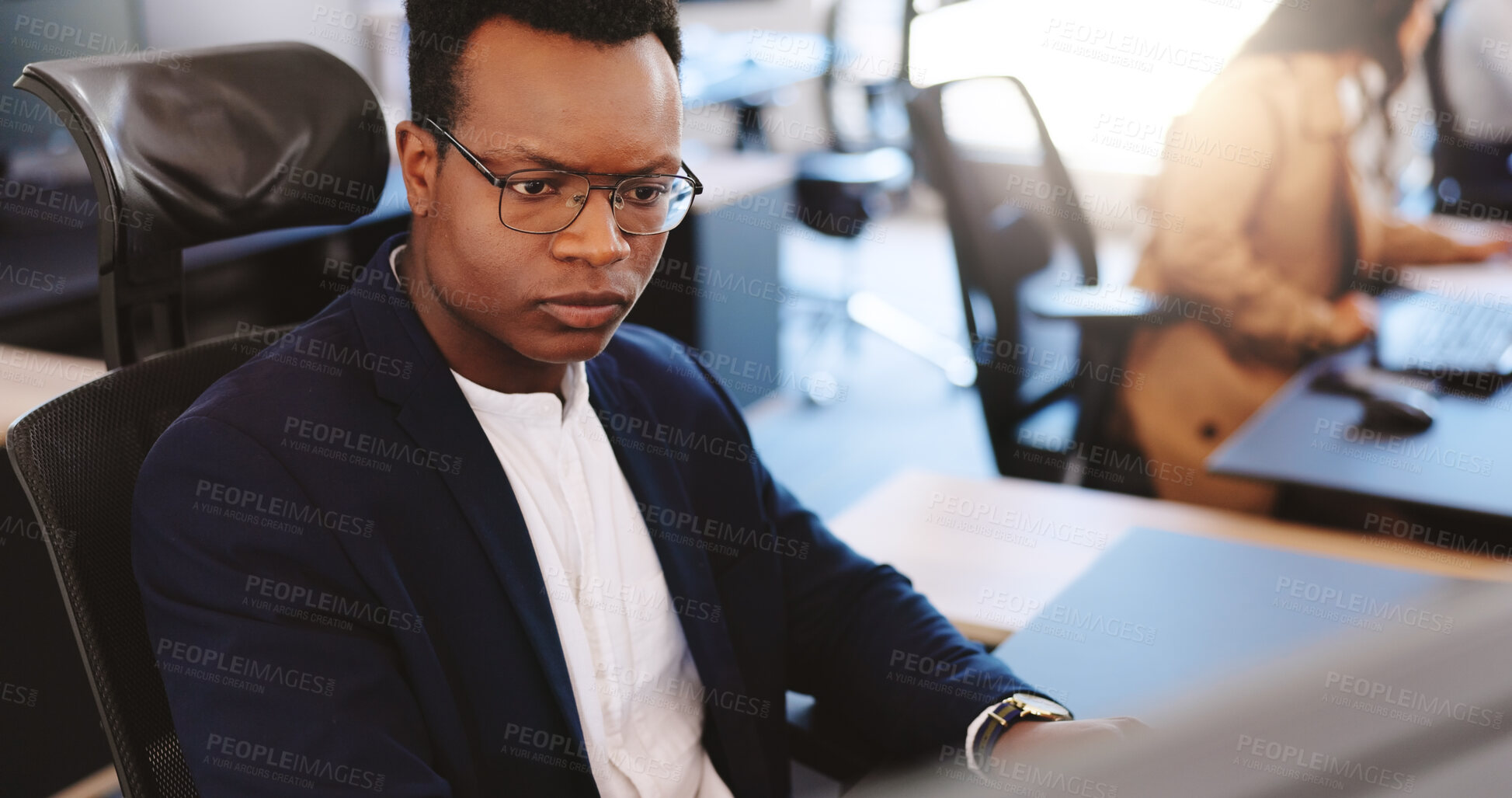Buy stock photo Computer, reading and report with business man in coworking office for planning or research. Glasses, pc and review with serious employee at desk in professional workplace for admin or feedback