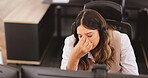 Computer, headache and stress with business woman at desk in office for deadline or problem. Anxiety, burnout and migraine with unhappy employee person in workplace for 404 error or glitch on pc