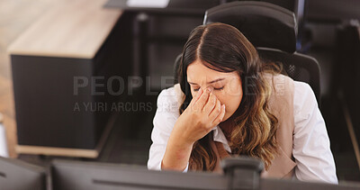 Buy stock photo Computer, headache and stress with business woman at desk in office for deadline or problem. Anxiety, burnout and migraine with unhappy employee person in workplace for 404 error or glitch on pc