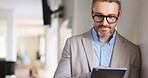 Reading, search and tablet with business man in coworking office for browsing or scrolling. App, internet and planning with mature employee person in workplace for feedback, information or review
