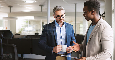Buy stock photo Business people, paperwork or discussion in office with coffee for report, project management or plan. Men, team and talk in meeting with drink for progress update, document review and collaboration.