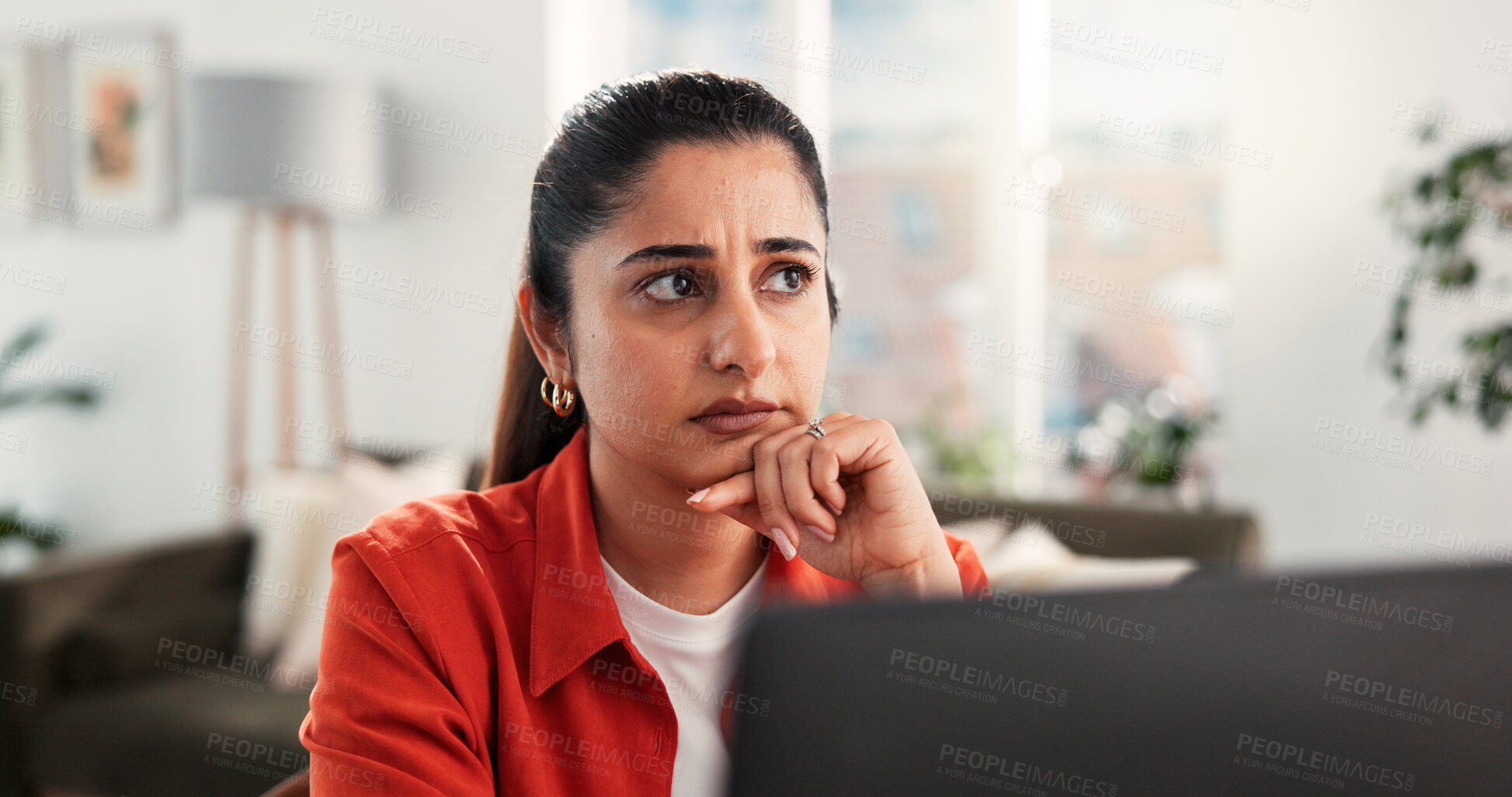 Buy stock photo Thinking, laptop and freelancer with woman in home office for serious, blog writer and copywriting project. Remote worker, vision and problem solving with person in living room of apartment for idea