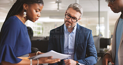 Buy stock photo Business people, reading or discussion in office with paperwork review, project management or planning. Team, talking and strategy in meeting for progress report, document feedback and collaboration.