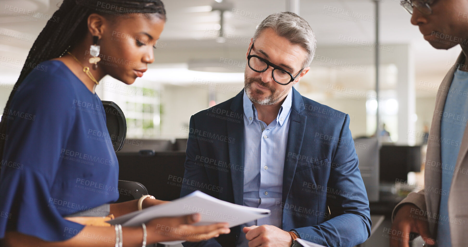 Buy stock photo Business people, reading or discussion in office with paperwork review, project management or planning. Team, talking and strategy in meeting for progress report, document feedback and collaboration.
