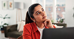 Thinking, laptop and planning with woman in home office for reflection, blog writer and copywriting vision. Remote worker, idea and online review with person in living room of apartment for research