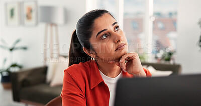 Buy stock photo Thinking, laptop and planning with woman in home office for reflection, blog writer and copywriting vision. Remote worker, idea and online review with person in living room of apartment for research