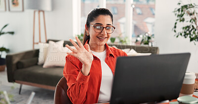 Buy stock photo Woman, wave and video call in home with laptop for remote work, virtual conference and discussion. Freelancer, person and greeting with computer for online meeting, webinar communication and welcome.