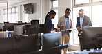 Office, group and team with documents, discussion and planning for investment proposal and research. Financial analyst, talk and people with paperwork for business development, collaboration and info