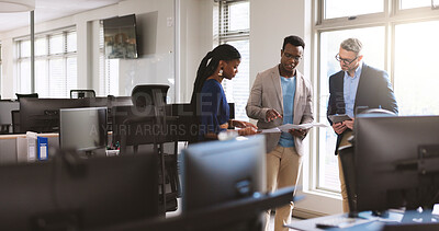 Buy stock photo Office, group and team with documents, discussion and planning for investment proposal and research. Financial analyst, talk and people with paperwork for business development, collaboration and info