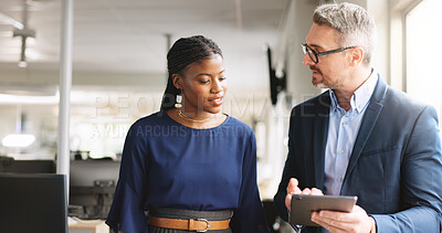 Buy stock photo Review, guidance and businesspeople in office with tablet, discussion or evaluation of client proposal. Digital, assistance or manager in agency with tech, advice or planning for feedback report.