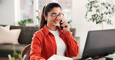 Buy stock photo Creative, woman and phone call with laptop in house for discussion, proofreading and contact source. Person, remote work or conversation with pc, editor feedback and fact check to confirm publication