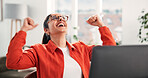 Happy woman, celebration and success in home with laptop for job opportunity, good news or feedback. Female person, cheering or excited in house with computer, employment offer or career development.