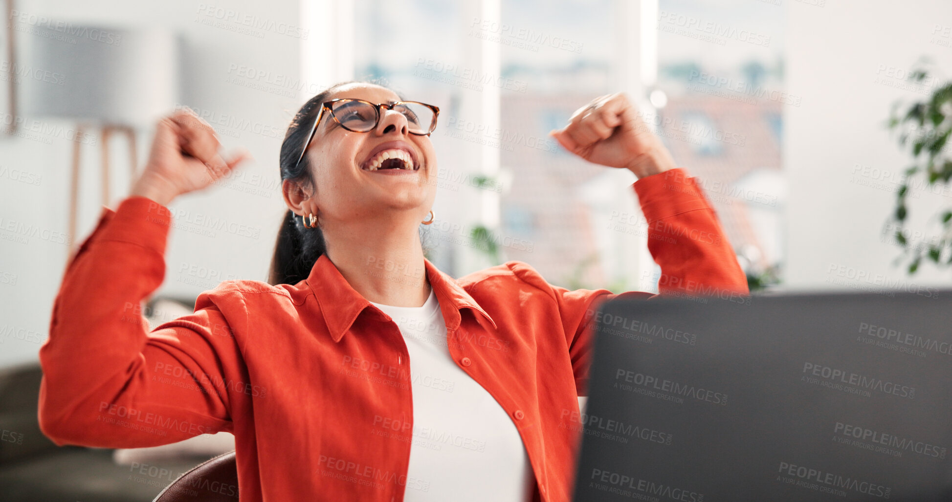Buy stock photo Happy woman, celebration and success in home with laptop for job opportunity, good news or feedback. Female person, cheering or excited in house with computer, employment offer or career development.