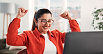 Happy woman, celebration or success in house with laptop for job opportunity, good news or feedback. Female person, cheering or excited in home with computer, employment offer and career development.