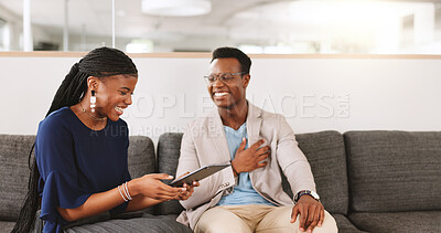 Buy stock photo Tablet, meeting and teamwork with business people in lobby for discussion, finance report and funny. Budget proposal, collaboration and online research with African employees laughing in office