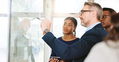 Buy stock photo Meeting, writing and planning with business people and board for brainstorming, teamwork and budget review. Investment timeline, presentation and collaboration with employees in office project