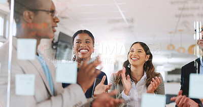 Buy stock photo Glass wall, applause and business people in office, celebration and media agency with publication. Group, employees and journalist in workplace, cooperation and achievement with success or submission