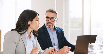 Buy stock photo Review, advice or businesspeople in office with laptop, discussion or evaluation of sales proposal. Tech, assistance or manager in real estate agency with tablet, partnership or guidance for report.