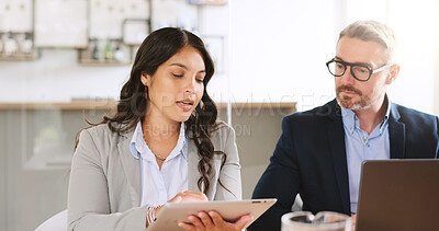 Buy stock photo Real estate, support and team in office with tablet, discussion or review of client proposal. Property market, assistance or agent in workplace with tech, advice and partnership for listing report.