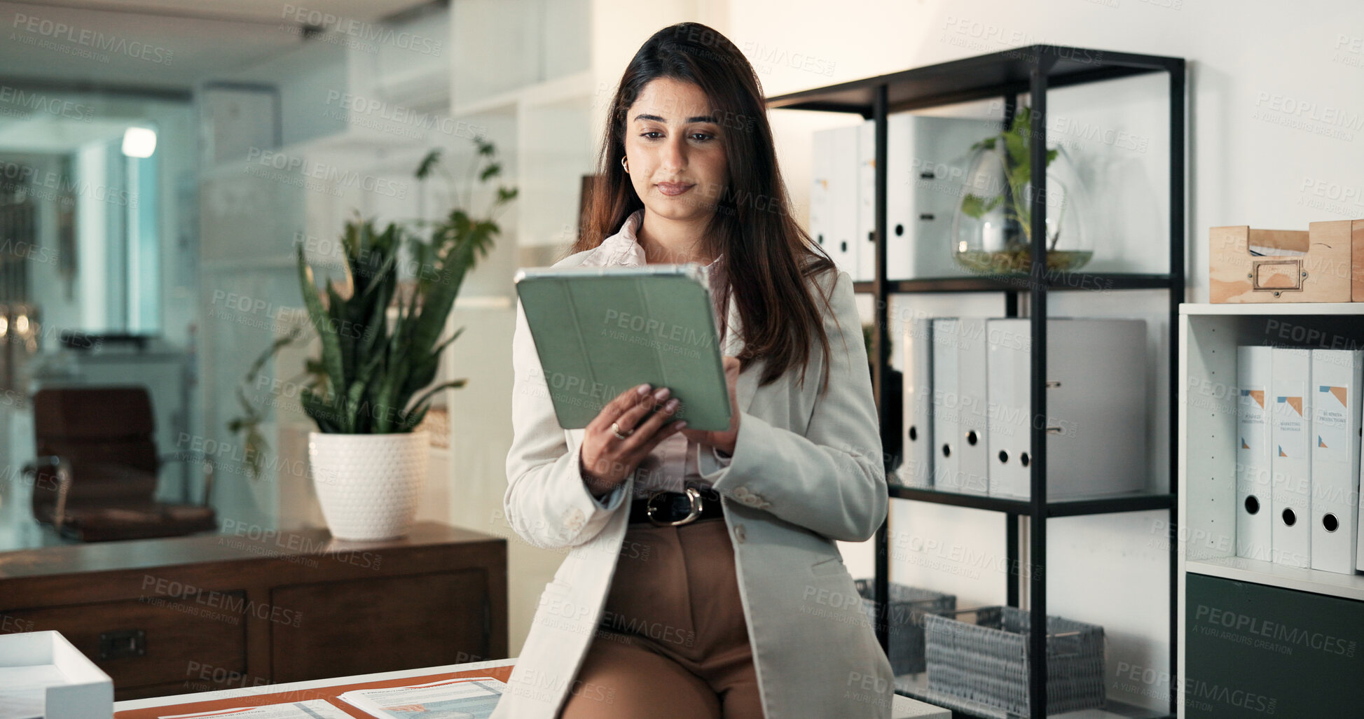 Buy stock photo Reading, tablet and business woman in office for patent application, license agreement and lawyer. Attorney, regulation research and legal advisor with person in law firm for protection policy