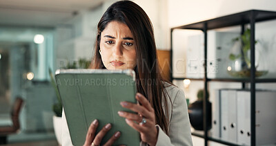 Buy stock photo Confused, tablet and business woman in office for patent application, license agreement and mistake at night. Bokeh, regulation crisis and legal advisor with person in law firm for policy deadline