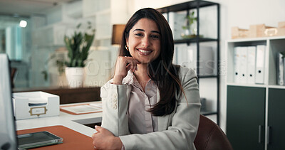 Buy stock photo Happy, portrait and business woman in office for about us, professional lawyer and confidence. Patent attorney, pride and legal advisor with person in law firm for litigation, policy and justice